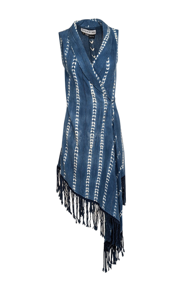 Current Boutique-Studio 189 - Blue & White Sleeveless Wrap w/ Fringe on Hem Dress Sz S