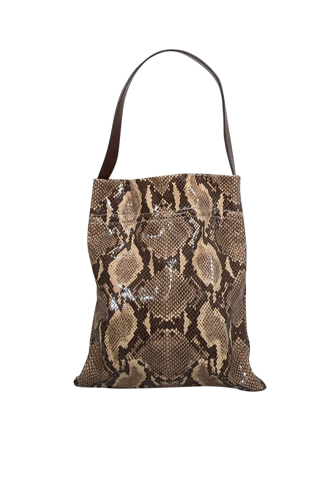 Current Boutique-TL-180 - Beige & Brown Python Embossed Leather Shoulder Bag