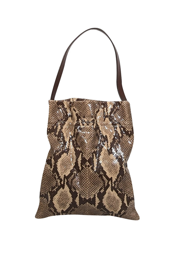 Current Boutique-TL-180 - Beige & Brown Python Embossed Leather Shoulder Bag