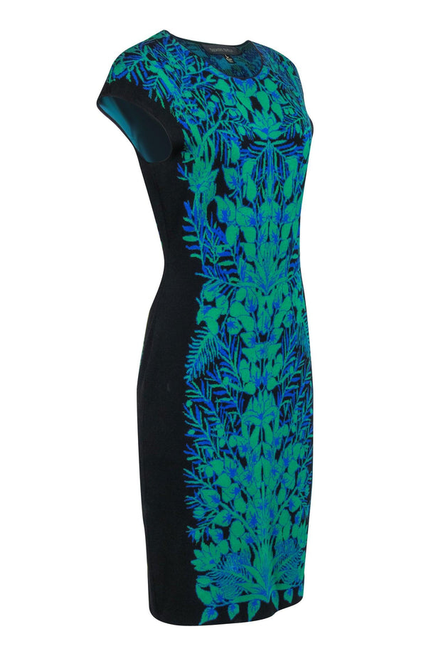 Current Boutique-Tadashi Shoji - Black w/ Green & Blue Print Knit Dress Sz L