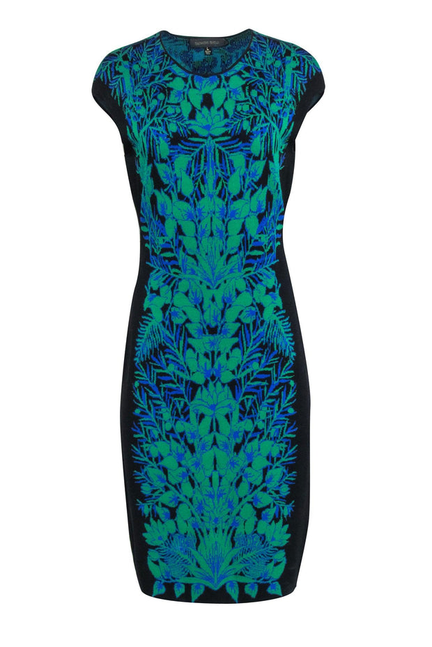 Current Boutique-Tadashi Shoji - Black w/ Green & Blue Print Knit Dress Sz L