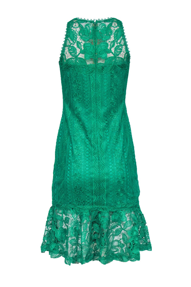 Current Boutique-Tadashi Shoji - Green Floral Eyelet Lace Flounce Hem Dress Sz 6P