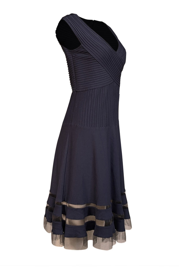 Current Boutique-Tadashi Shoji - Navy Pintucked V-Neckine Dress Sz M