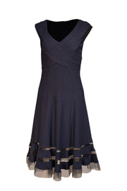 Current Boutique-Tadashi Shoji - Navy Pintucked V-Neckine Dress Sz M