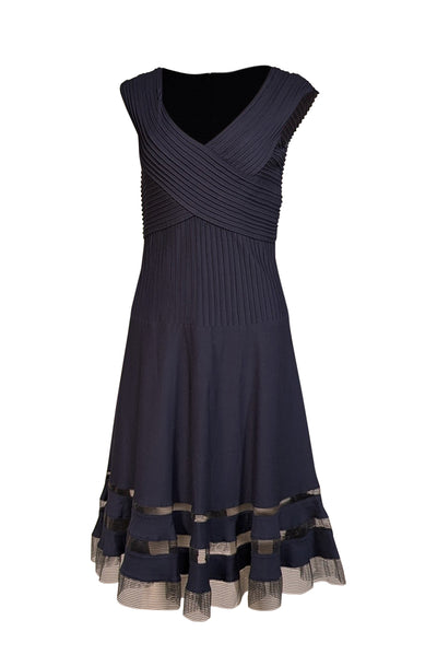 Current Boutique-Tadashi Shoji - Navy Pintucked V-Neckine Dress Sz M