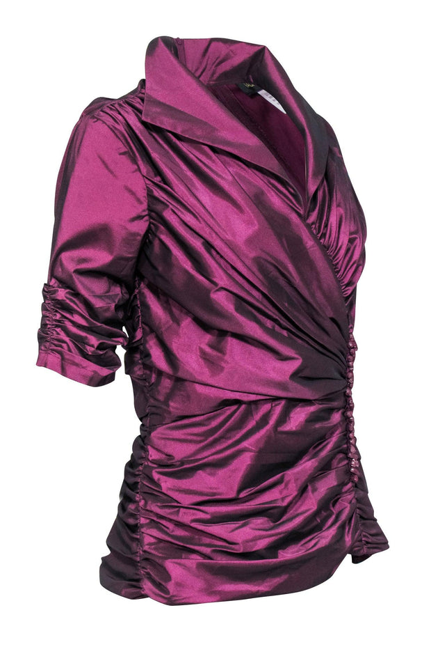 Current Boutique-Tadashi Shoji - Plum Purple Taffeta Side Ruched Top Sz 8