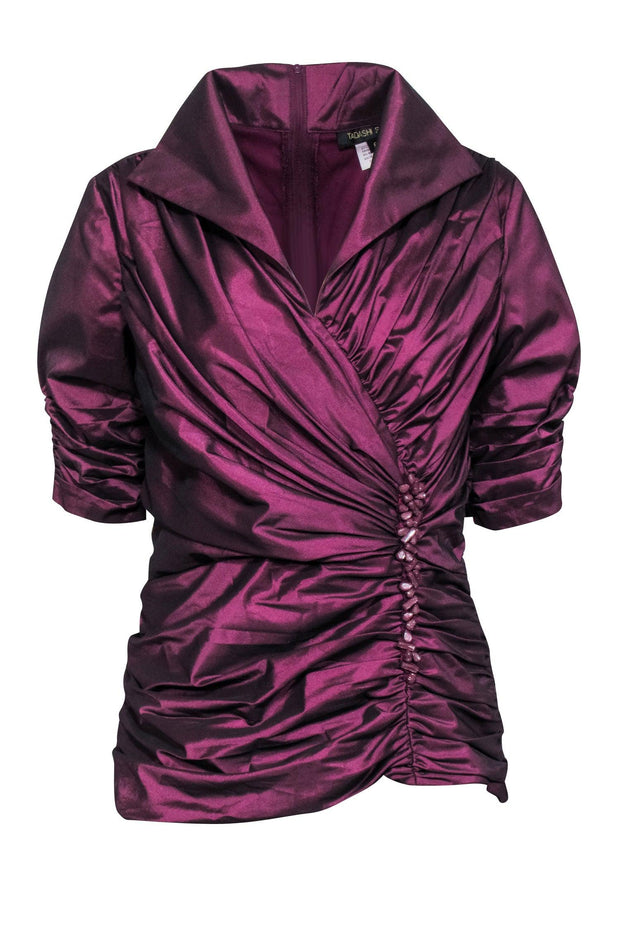 Current Boutique-Tadashi Shoji - Plum Purple Taffeta Side Ruched Top Sz 8