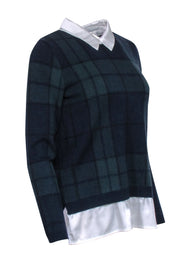 Current Boutique-Tahari - Navy & Green Tartan Plaid Knit Sweater w/ Satin Collar Sz M