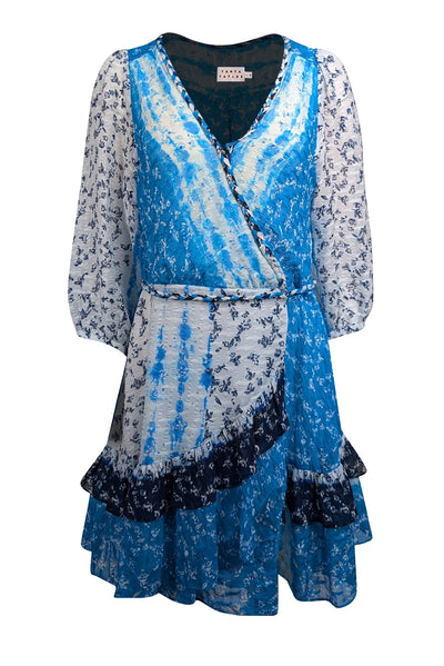 Current Boutique-Tanya Taylor - Blue, White, & Navy Tie Dye Floral Print Silk Blend Dress Sz 8