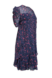 Current Boutique-Tanya Taylor - Navy & Pink Floral Ruched Dress Sz 14