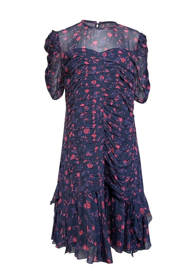 Current Boutique-Tanya Taylor - Navy & Pink Floral Ruched Dress Sz 14