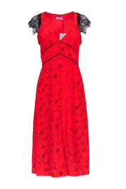 Current Boutique-Tanya Taylor - Red & Black Zodiac Printed Silk Dress w/ Lace Cap Sleeves Sz 0