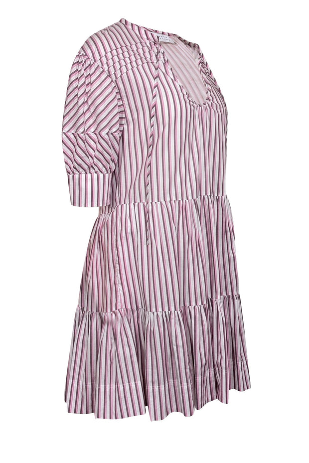 Current Boutique-Tanya Taylor - White & Pink Striped Short Sleeve Babydoll Dress Sz S