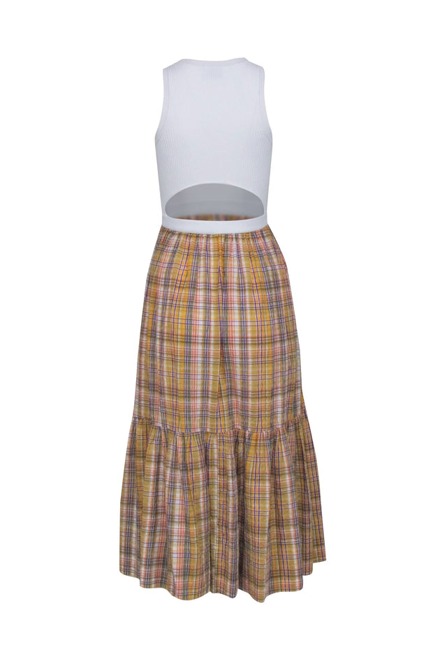 Current Boutique-Tanya Taylor - Yellow Madras Plaid Print Dress w/ White Knit Bodice Sz XS