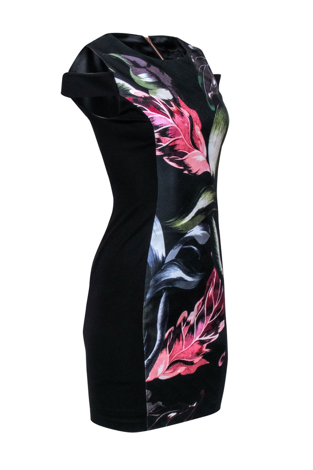 Current Boutique-Ted Baker - Black Cold Shoulder Dress w/ Multi-Color Leaf Print Sz 1