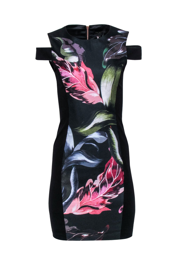 Current Boutique-Ted Baker - Black Cold Shoulder Dress w/ Multi-Color Leaf Print Sz 1