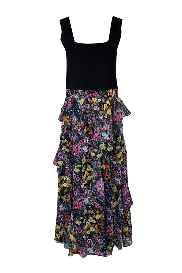 Current Boutique-Ted Baker - Black & Multicolor Floral Ruffle Maxi Dress Sz 4