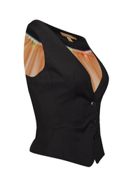 Current Boutique-Ted Baker - Black Wool Blend Tailored Vest w/ Brushstroke Print Satin Back Sz 2