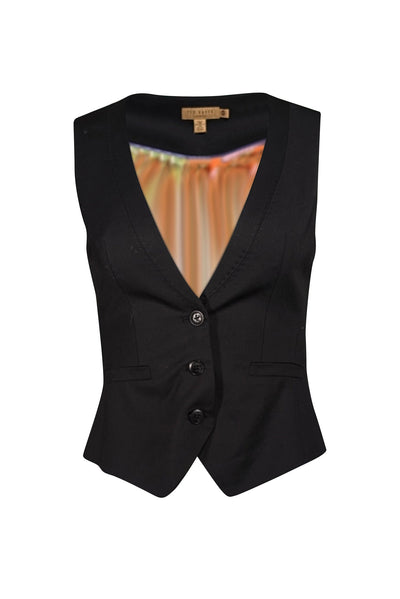 Current Boutique-Ted Baker - Black Wool Blend Tailored Vest w/ Brushstroke Print Satin Back Sz 2