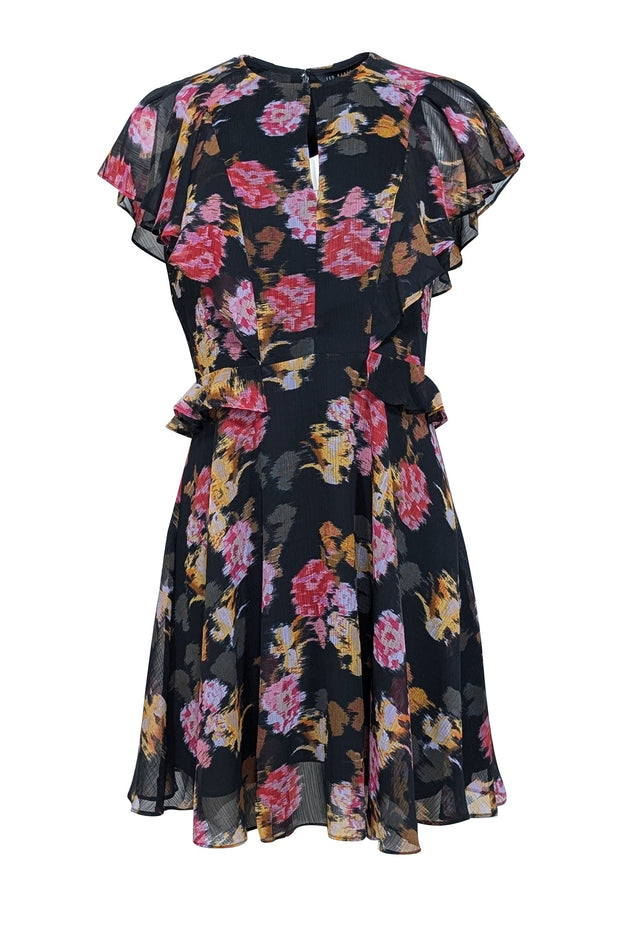 Current Boutique-Ted Baker - Black w/ Pink & Yellow Abstract Floral Print Ruffled Dress Sz 8