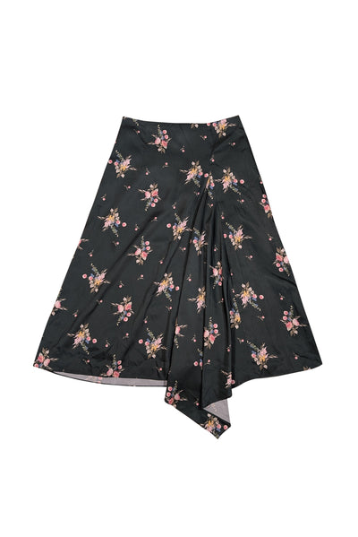 Current Boutique-Ted Baker - Dark Green Floral Print Satin Asymmetrical Skirt Sz 6