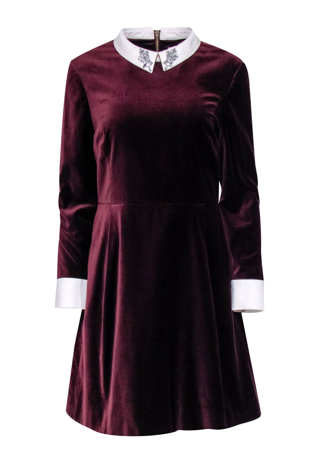 Current Boutique-Ted Baker - Maroon Velvet A-Line Dress w/ Jeweled Peter Pan Collar Sz 10