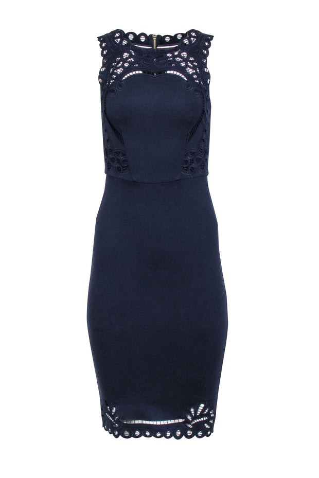 Current Boutique-Ted Baker - Navy Embroidered Trim Sheath Dress Sz 2