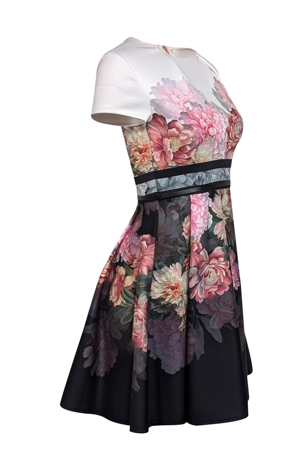 Current Boutique-Ted Baker - White, Pink, & Black Floral Short Sleeve Dress Sz 2