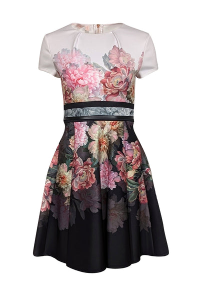 Current Boutique-Ted Baker - White, Pink, & Black Floral Short Sleeve Dress Sz 2