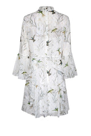 Current Boutique-Ted Baker - White w/ Green Bird Print & Metallic Flecks Ruffled Dress Sz 4