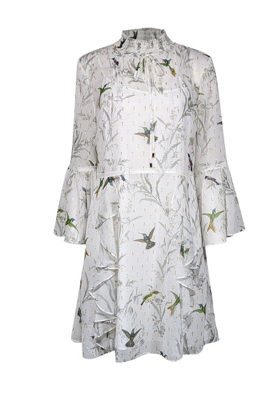 Current Boutique-Ted Baker - White w/ Green Bird Print & Metallic Flecks Ruffled Dress Sz 4