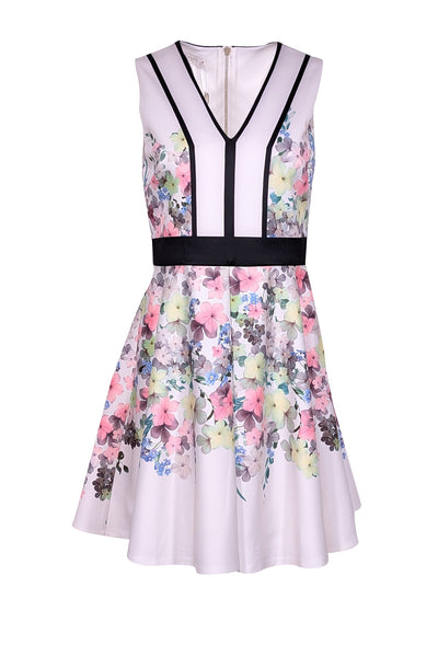 Current Boutique-Ted Baker - White w/ Green & Pink Floral Print Sleeveless Dress Sz 6