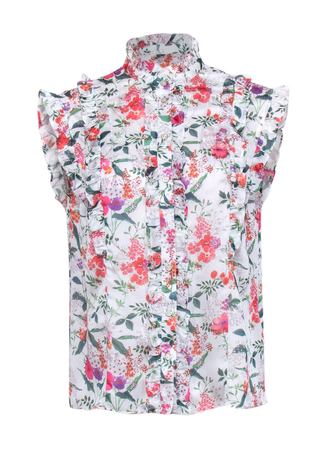 Current Boutique-Ted Baker - White w/ Multi Color Floral Print Ruffle Trim Blouse Sz 6