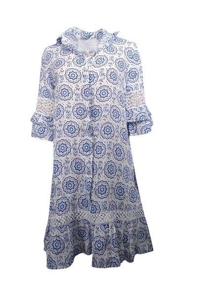 Current Boutique-Temptation Positano - White & Blue Mandala Print Linen Dress Sz S