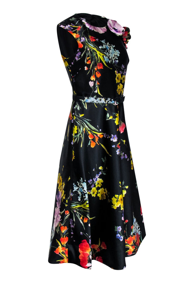 Current Boutique-Teri Jon - Black & Multi Color Floral Belted Dress Sz 6