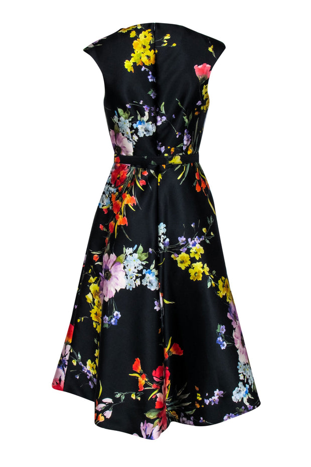 Current Boutique-Teri Jon - Black & Multi Color Floral Belted Dress Sz 6