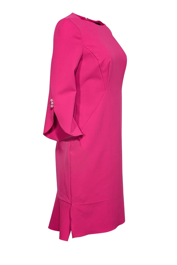 Current Boutique-Teri Jon - Hot Pink Pearl Trim Crop Sleeve Fit & Flare Back Ruffle Dress Sz 6