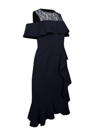 Current Boutique-Teri Jon - Navy Ruffled Front Sheath Dress w/ Lace Yoke Sz 2