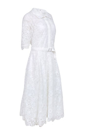 Current Boutique-Teri Jon - White Lace Peter Pan Collar Belted Dress Sz 12