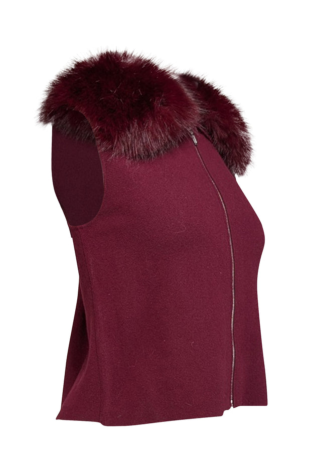 Current Boutique-The Cashmere Project - Maroon Cashmere Zipper Front Vest w/ Faux Fur Collar Sz S