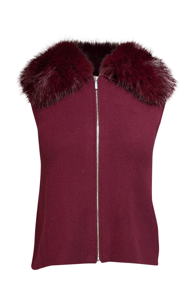 Current Boutique-The Cashmere Project - Maroon Cashmere Zipper Front Vest w/ Faux Fur Collar Sz S