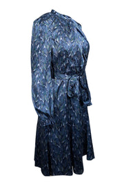 Current Boutique-The Fold - Blue Leaf Print Silk A-Line Dress w/ Belt Sz 8