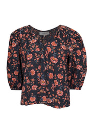 Current Boutique-The Great - Dark Grey w/ Red Floral Print Puff Sleeve Blouse Sz M