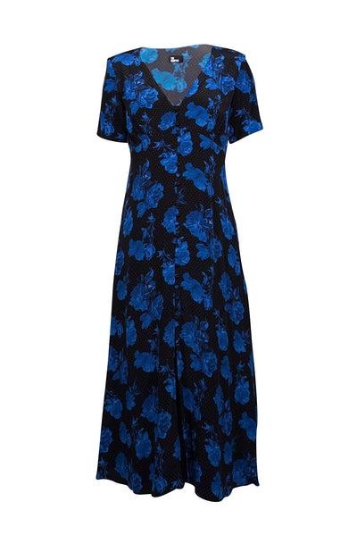 Current Boutique-The Kooples - Black & Blue Dot & Rose Print Midi Dress Sz 4