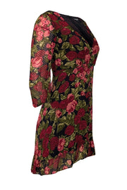 Current Boutique-The Kooples - Black, Red, & Green Rose Print Swiss Dot Silk Dress Sz S