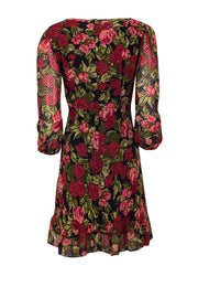 Current Boutique-The Kooples - Black, Red, & Green Rose Print Swiss Dot Silk Dress Sz S