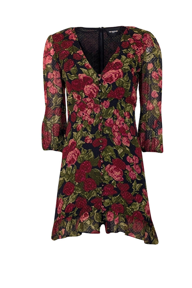 Current Boutique-The Kooples - Black, Red, & Green Rose Print Swiss Dot Silk Dress Sz S