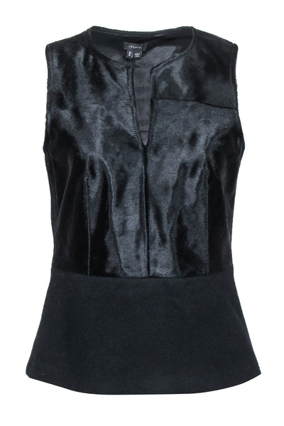 Current Boutique-Theory - Black Wool & Calf Fur Sleeveless "Etia" Top Sz M