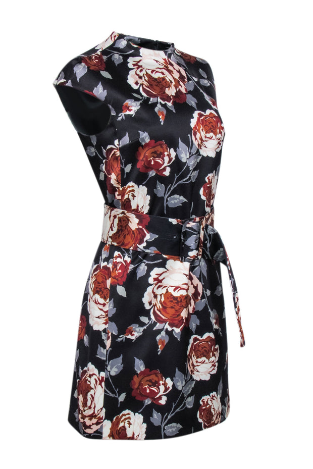 Current Boutique-Theory - Black w/ Rust & Grey Floral Print Satin Sheath Dress Sz 6