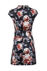 Current Boutique-Theory - Black w/ Rust & Grey Floral Print Satin Sheath Dress Sz 6